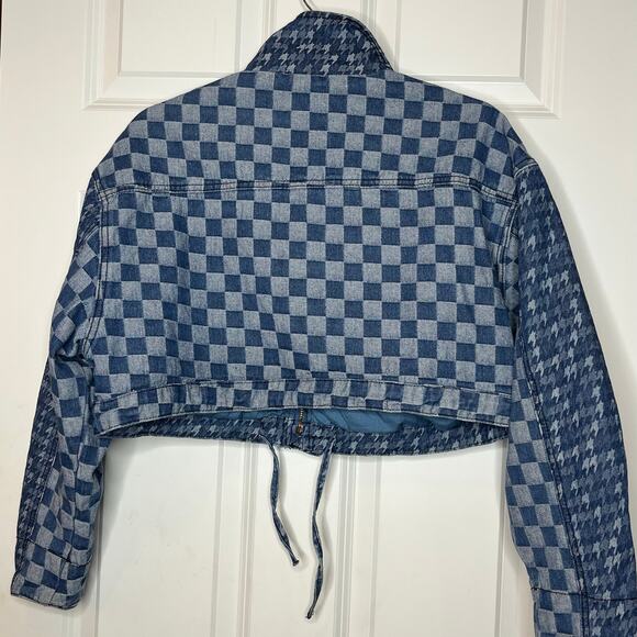 Uptown Blue Denim Cropped Jean Jacket Mixed Checkered Print Small - Picture 5 of 10